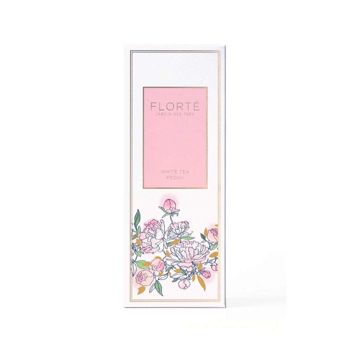 FLORTE loose white tea blend box with peony floral illustration and pink label, 90g