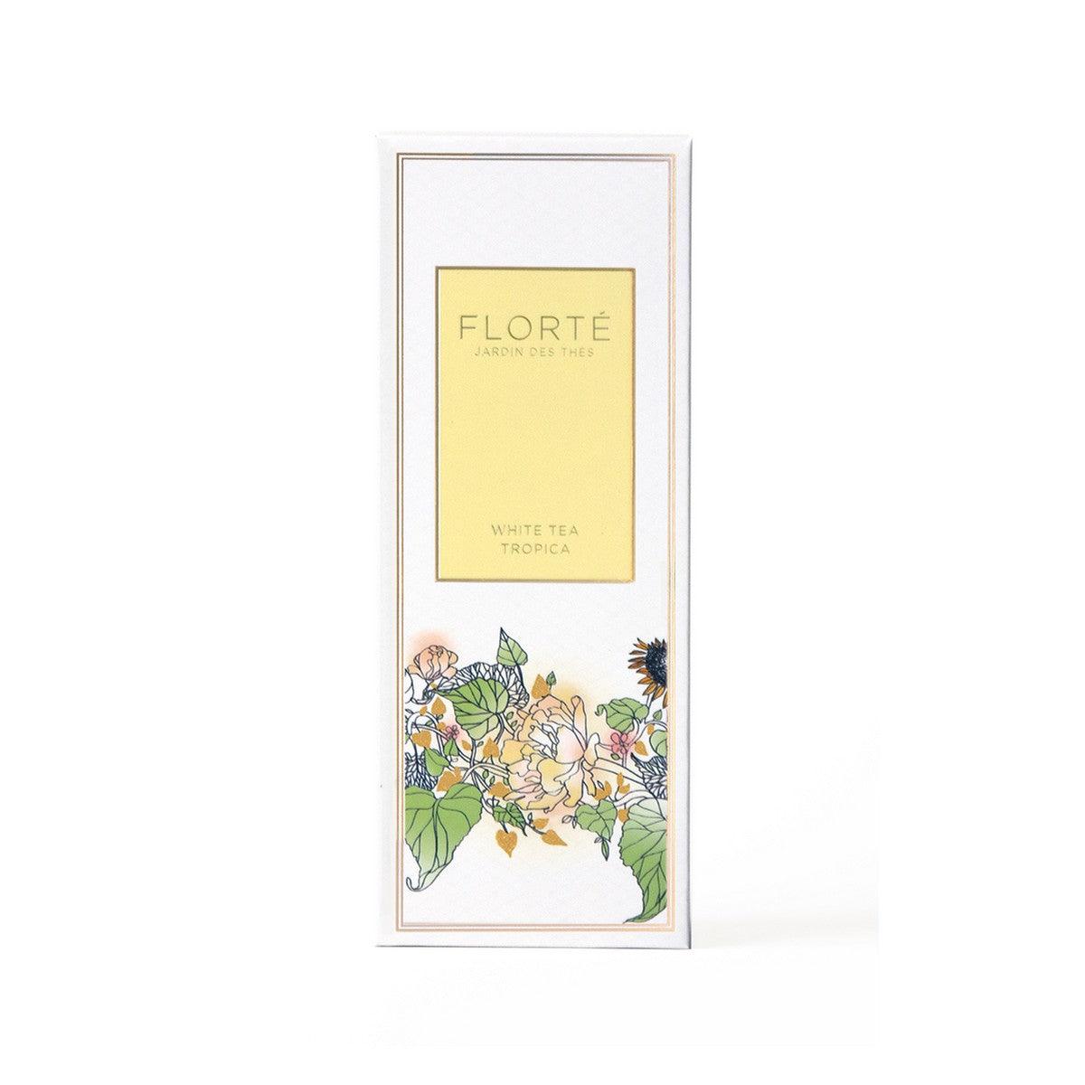FLORTE loose white tea box with tropical floral illustration, 90 g