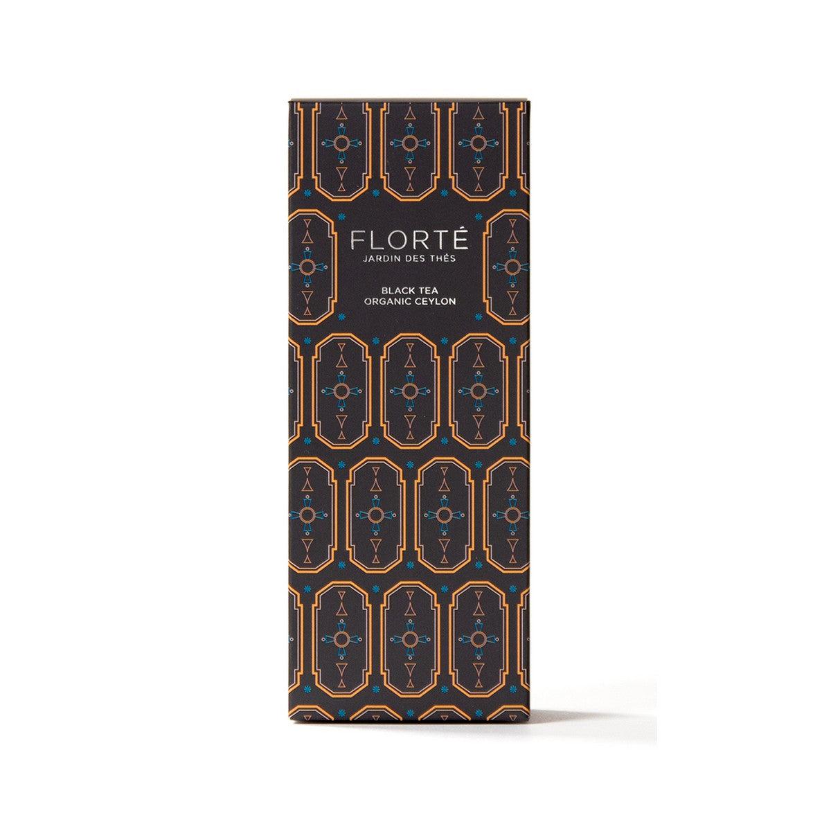 FLORTE loose black tea organic Ceylon tea box, patterned dark packaging