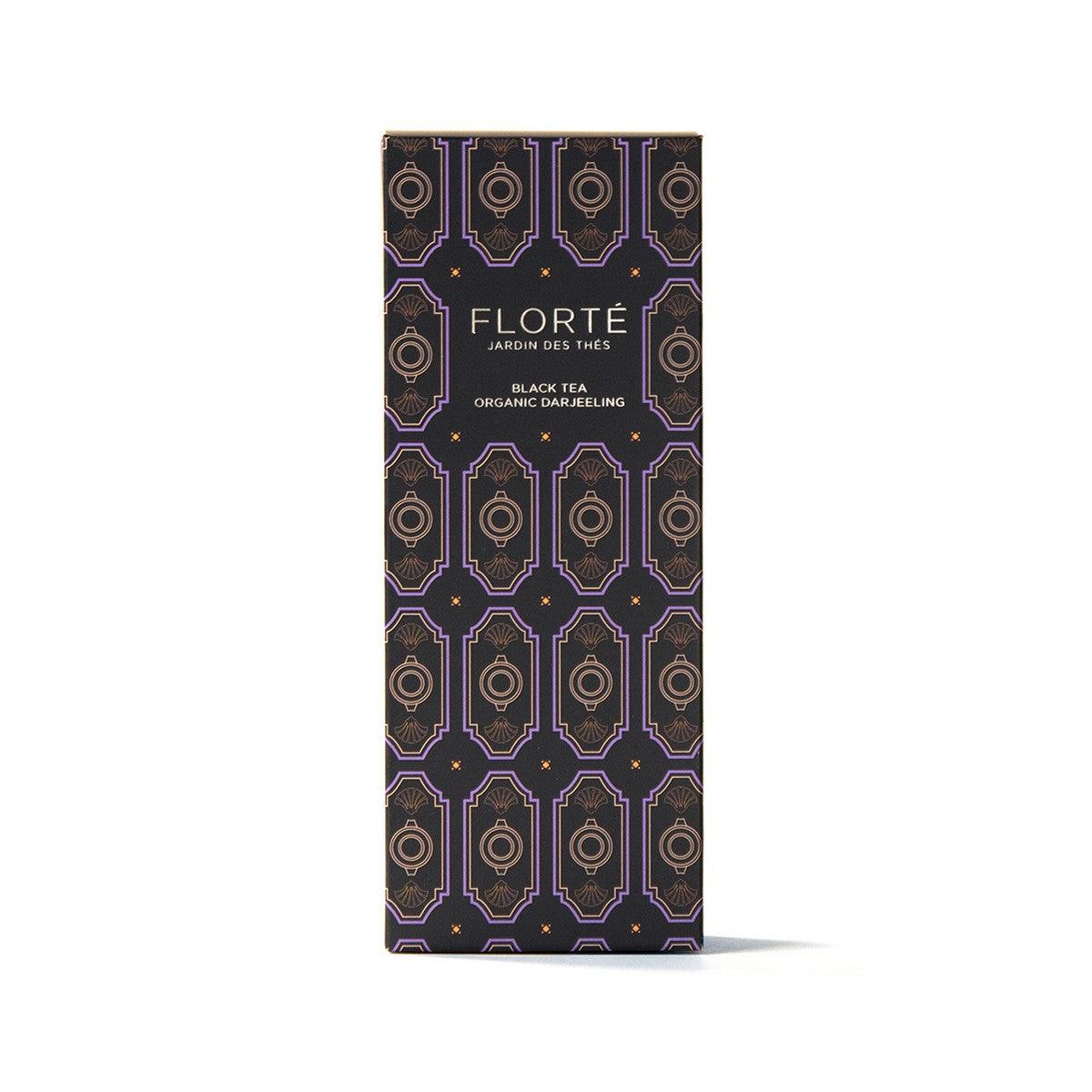 FLORTE loose black tea carton, organic Darjeeling, 100 g package
