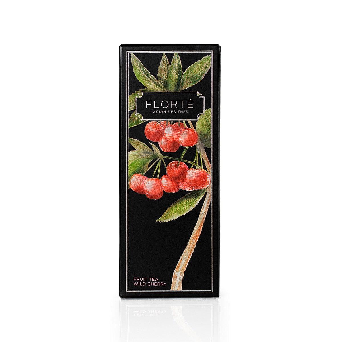 FLORTE loose fruit tea tin with wild cherry illustration and green leaves, 120g