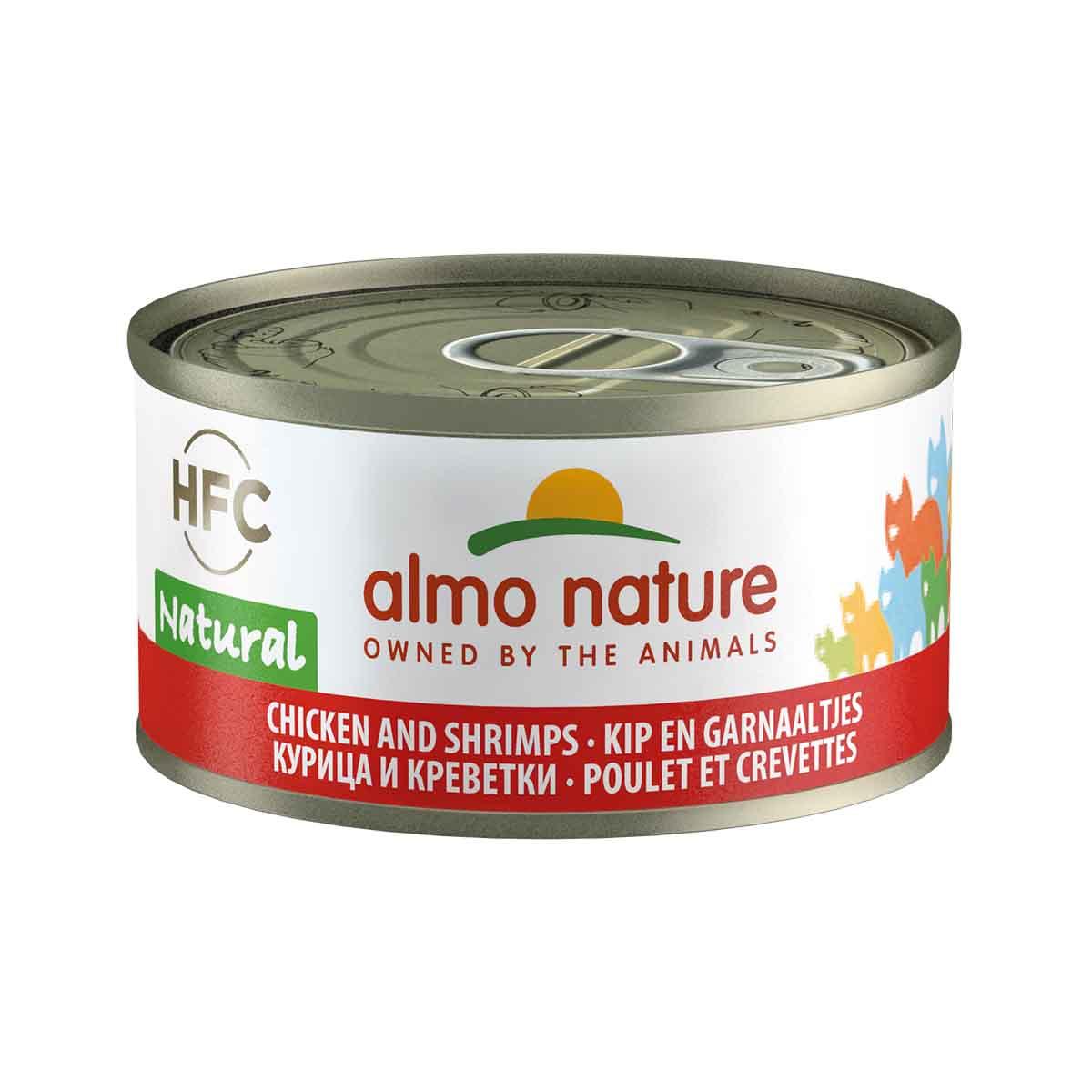 ALMO NATURE cat wet food can with chicken and shrimps, 70g, green lid