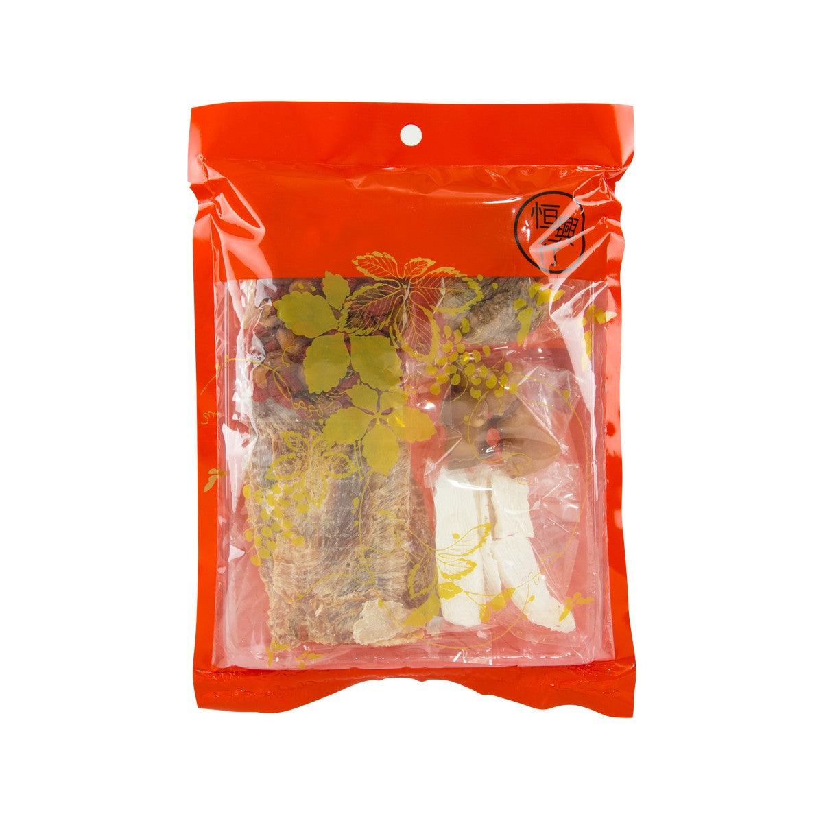 Dried soup ingredient pack in orange pouch with clear window showing dried kernels