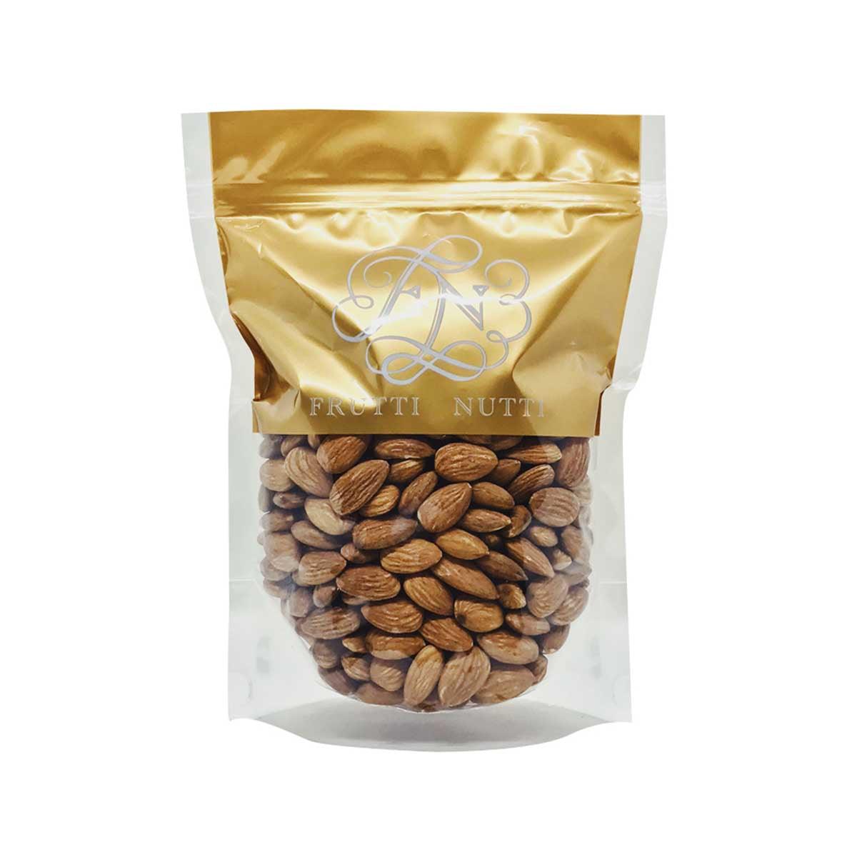 FRUTTI NUTTI USA roasted unsalted almonds in stand-up pouch, whole almonds