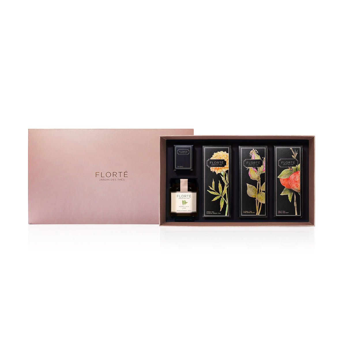 FLORTE tea gift set box with multiple loose tea sachets and small accessory