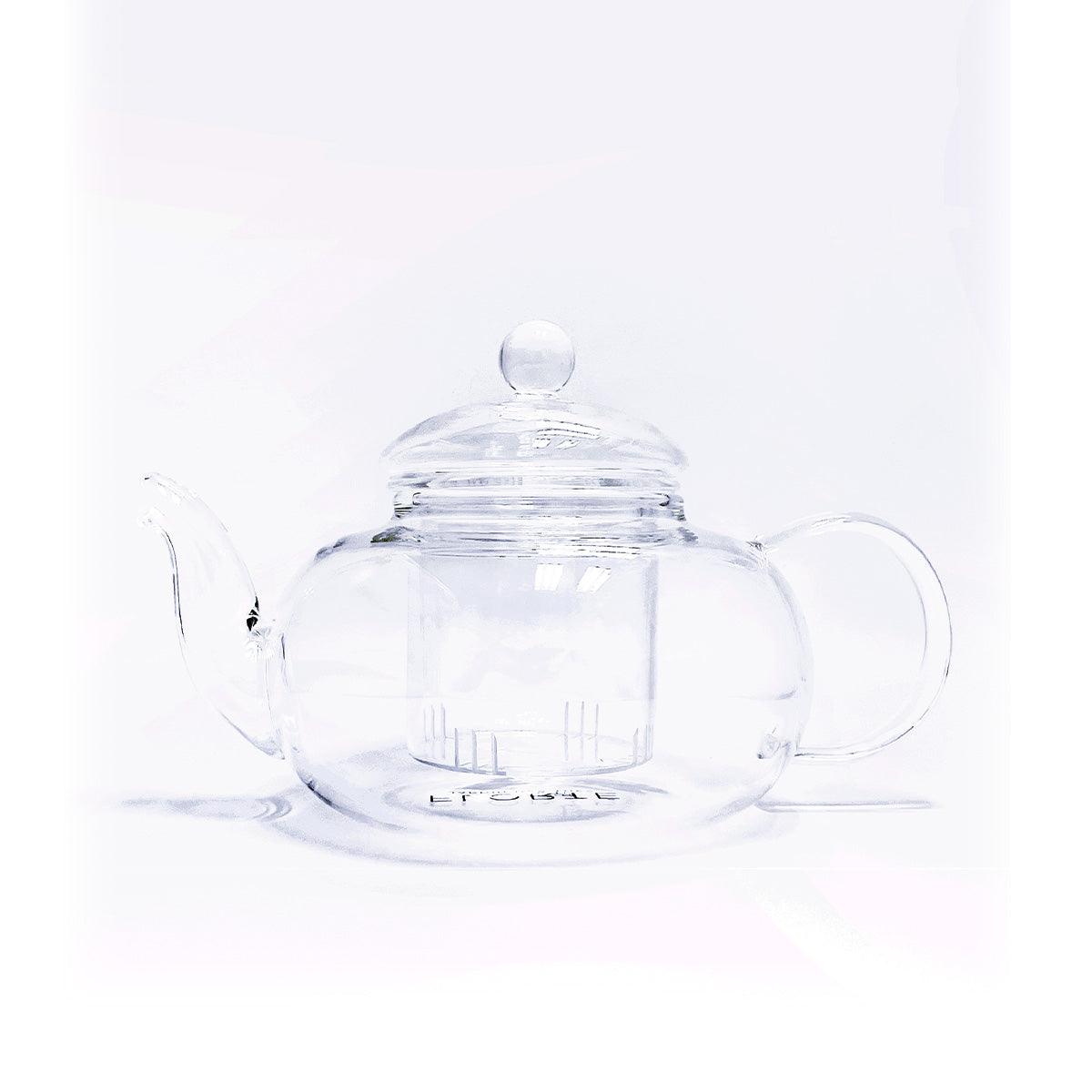FLORTE glass teapot 600 mL with clear body, lid and curved side handle