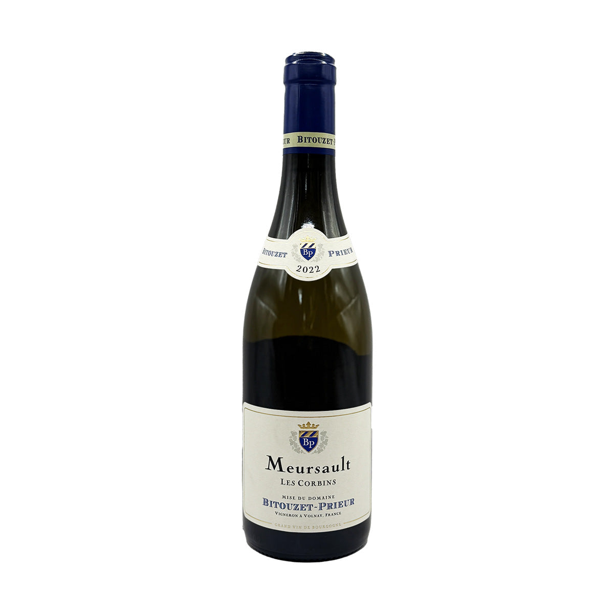 Meursault wine bottle with blue cap and cream Bitouzet-Prieur label, dark glass 750 mL