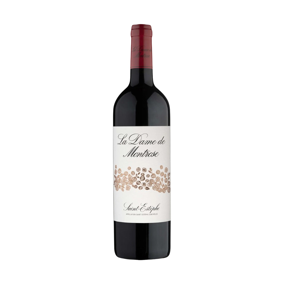 Wine bottle with red capsule and cream label reading La Dame de Montrose.
