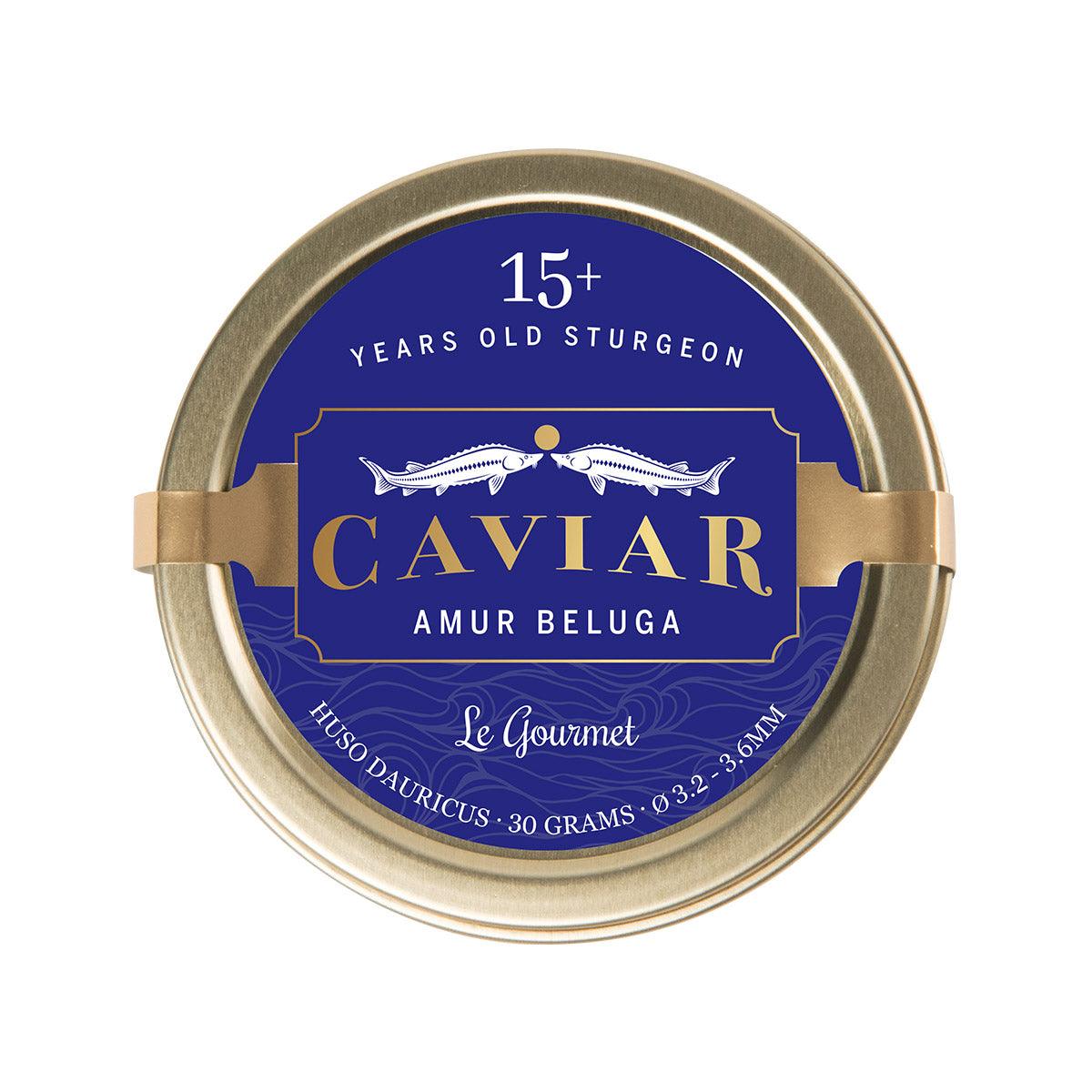 Beluga caviar tin with blue label and gold rim