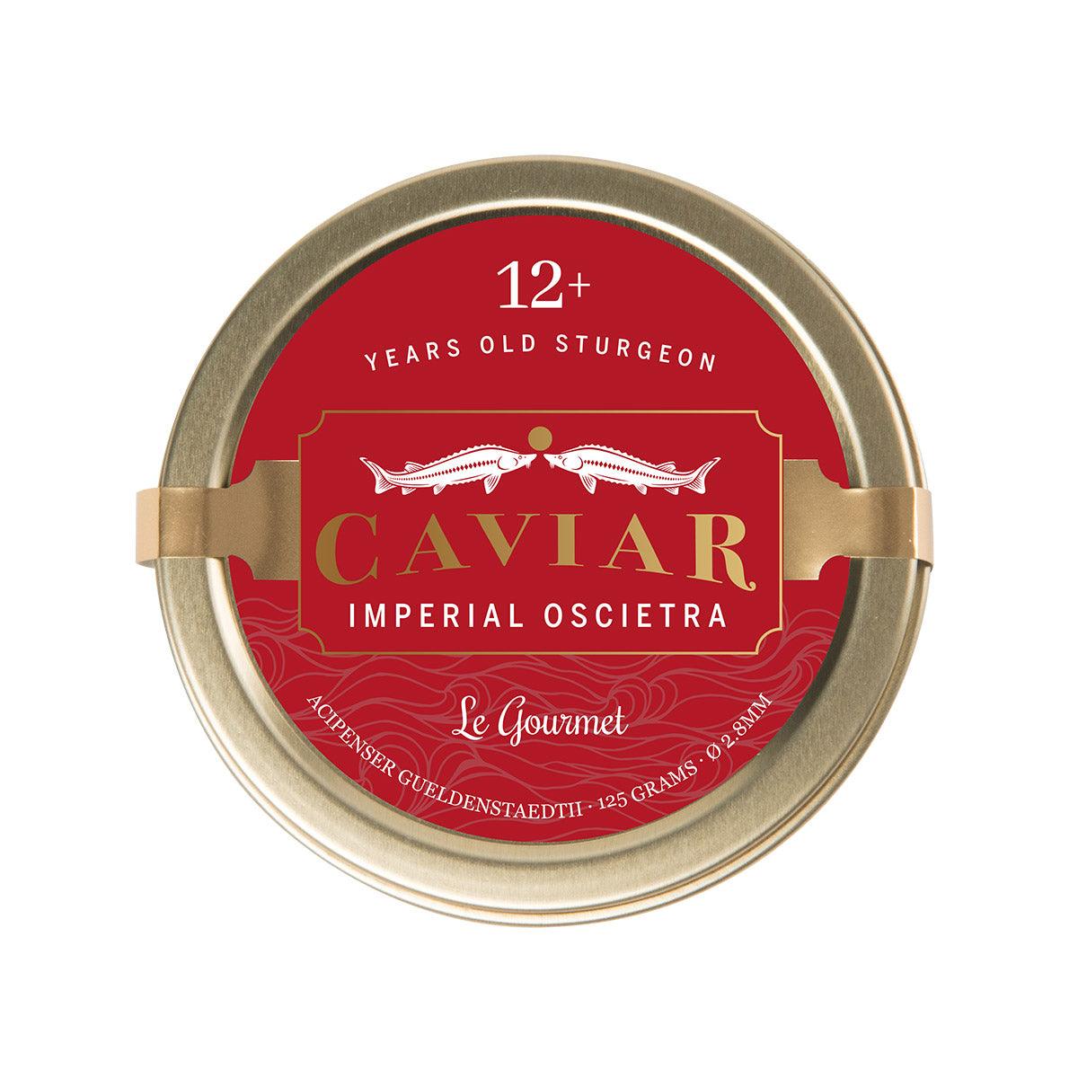 Le Gourmet Imperial Oscietra caviar tin with red label, 125g, gold rim