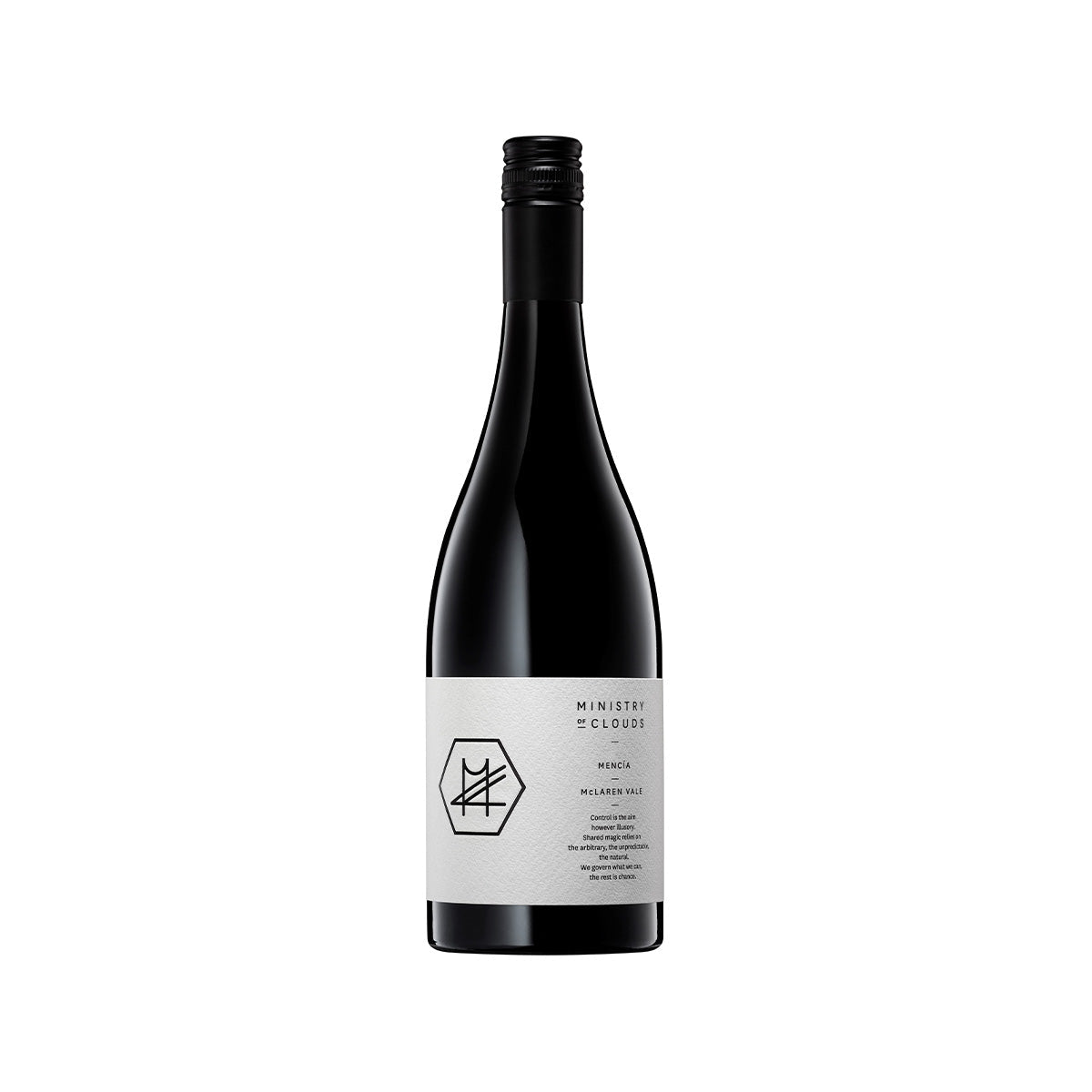 Wine bottle with black capsule and white label, dark glass