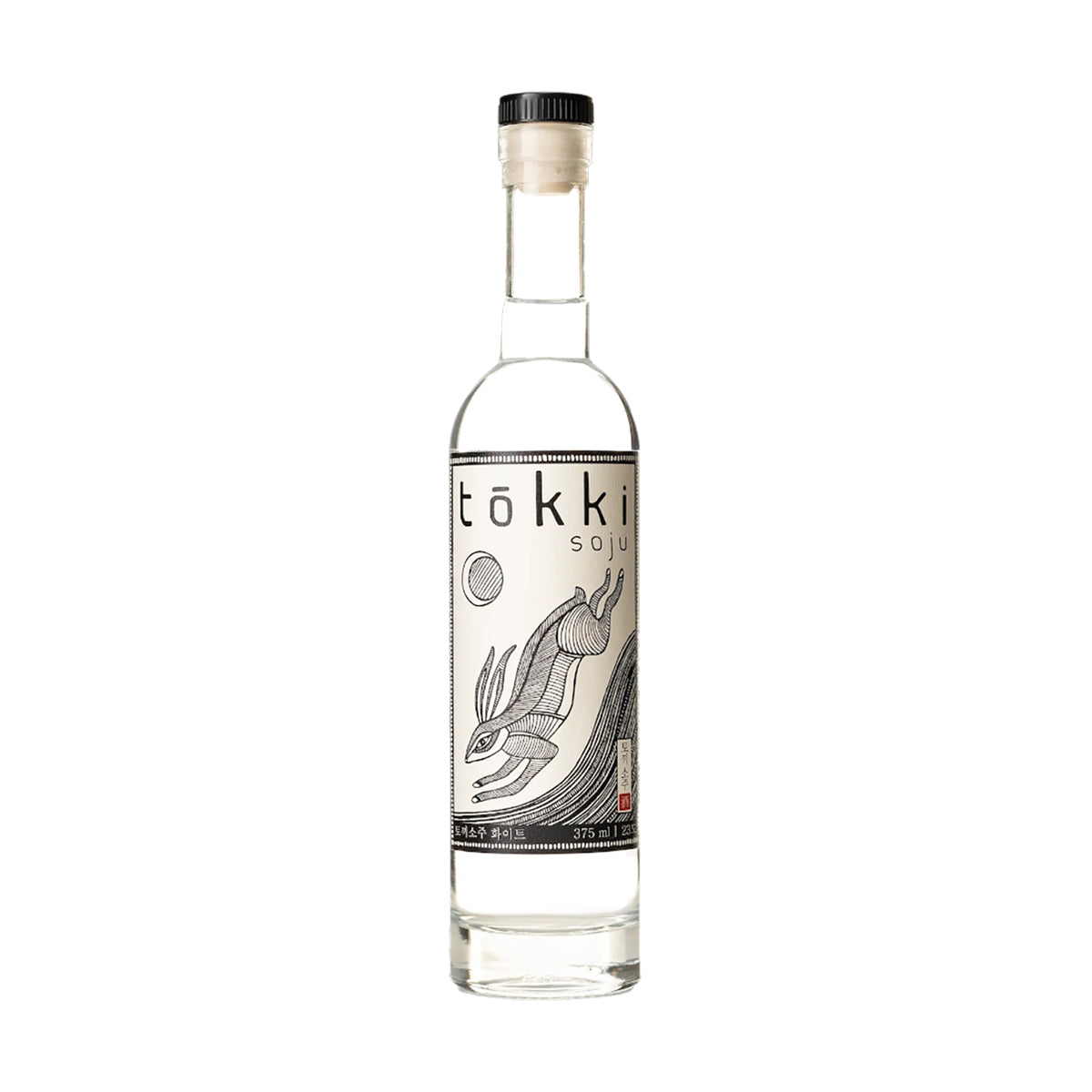 TOKKI Tokki soju bottle, clear glass with black cap, illustrated label and 375mL