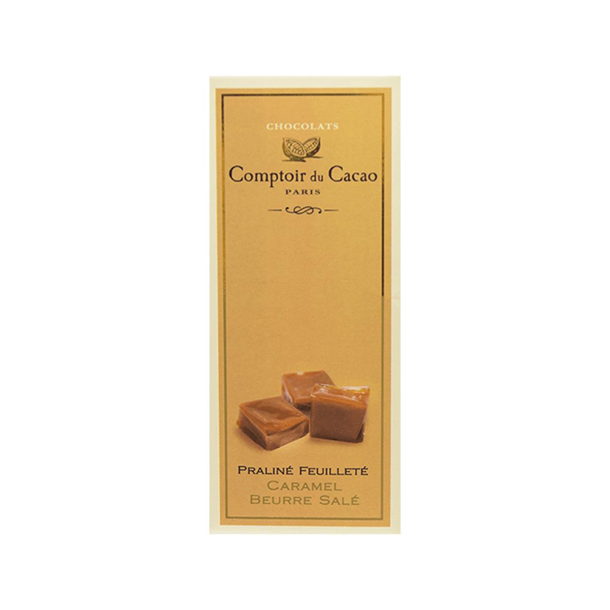 Milk chocolate bar with caramel praline filling, salted butter, in beige wrapper