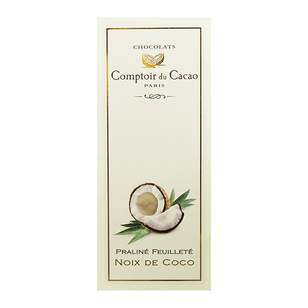 COMPTOIR DU CACAO coconut praline chocolate bar in cream wrapper with coconut illustration