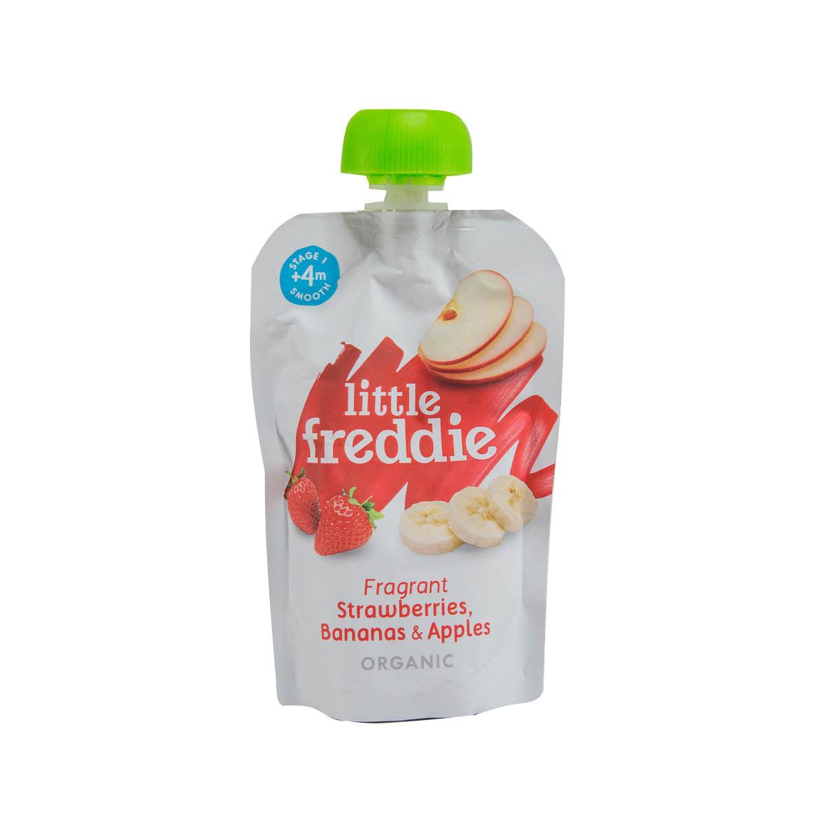 LITTLE FREDDIE organic fruit puree pouch with strawberries, bananas, and apples