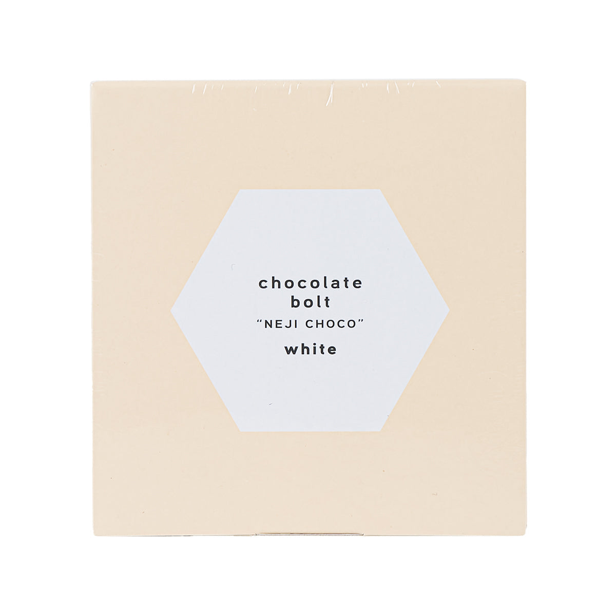 White chocolate bolt-and-nut shaped confection box with front hex product label
