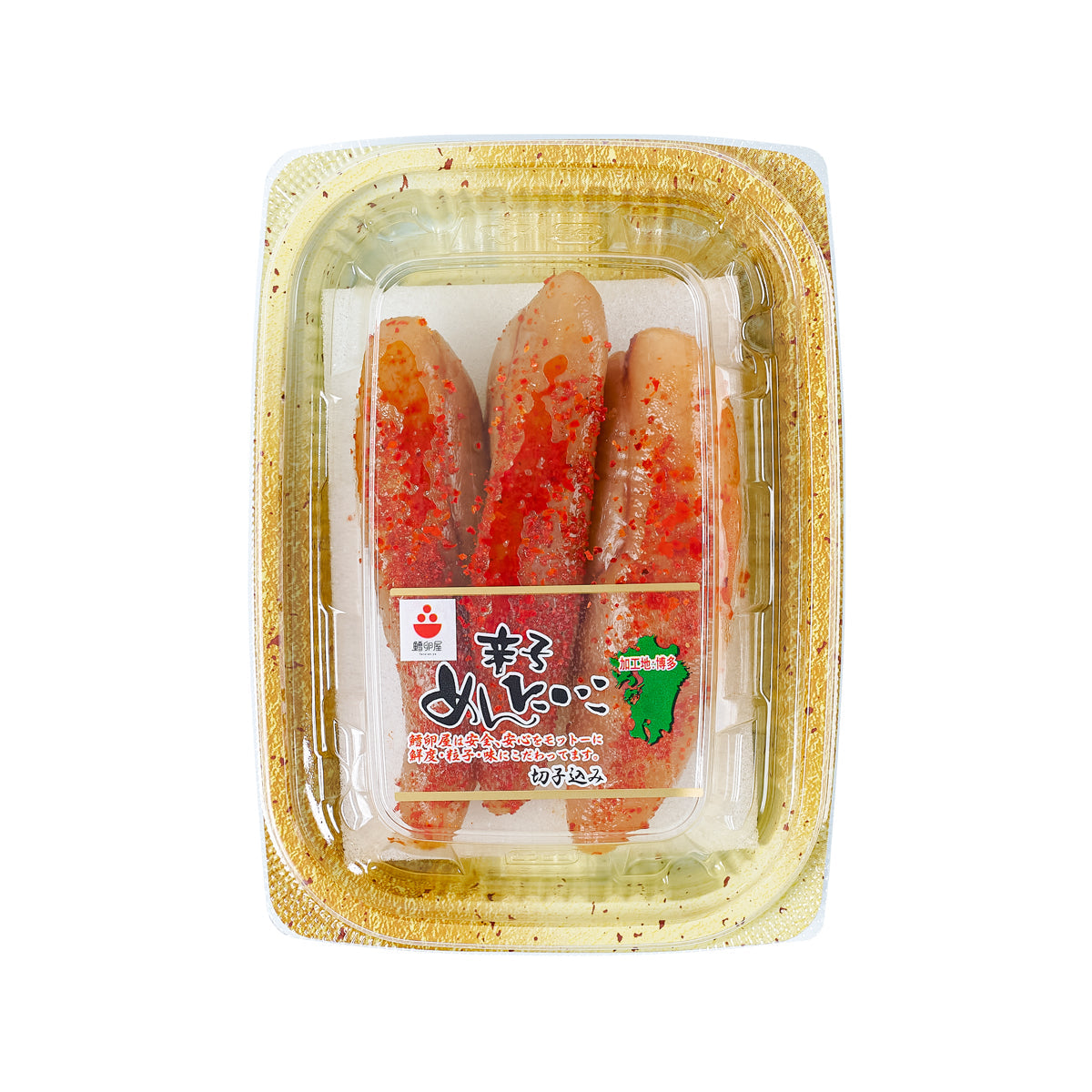 Packaged seasoned cod roe with chili pepper flakes in a clear plastic tray