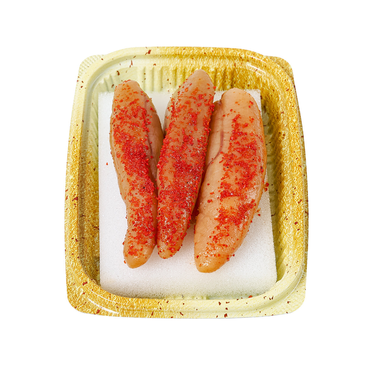 Clear tray of seasoned cod roe with chili pepper flakes, orange-red roe pieces