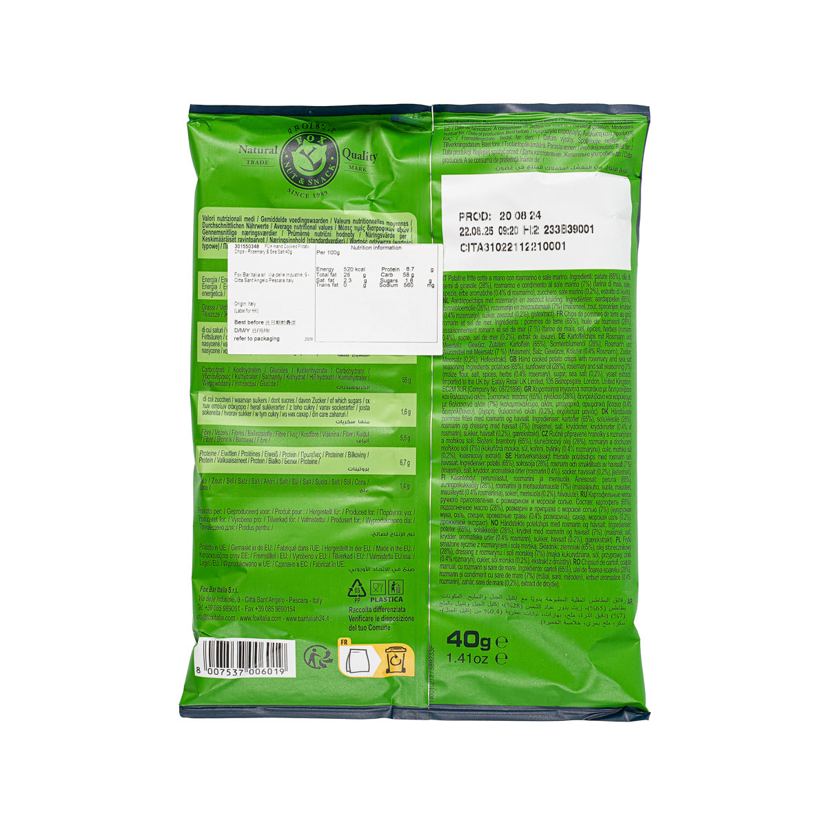 Back of 40g potato chip bag with ingredients text, barcode, and handling info