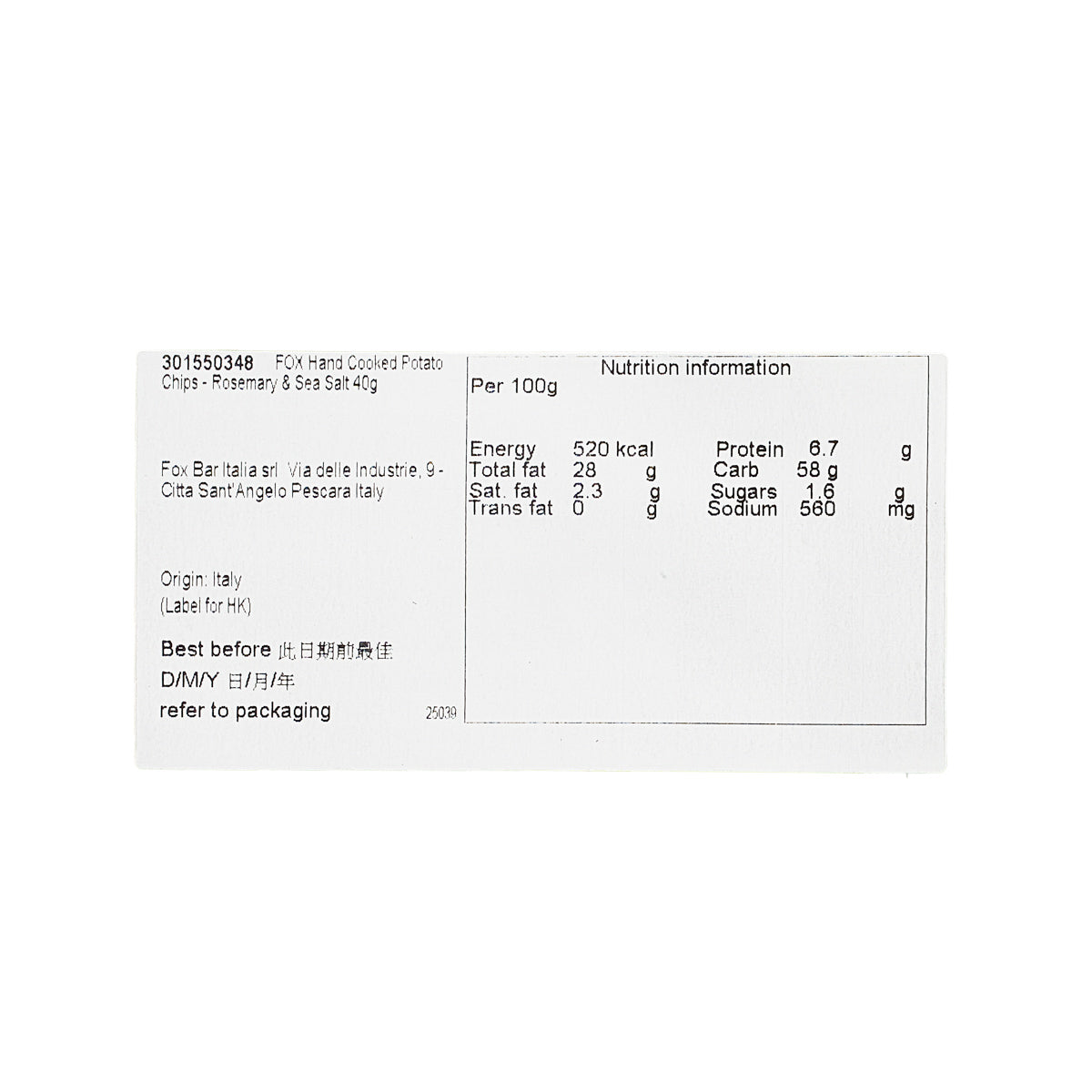 Nutrition facts label for potato chips: energy, fat, protein, and sugar amounts