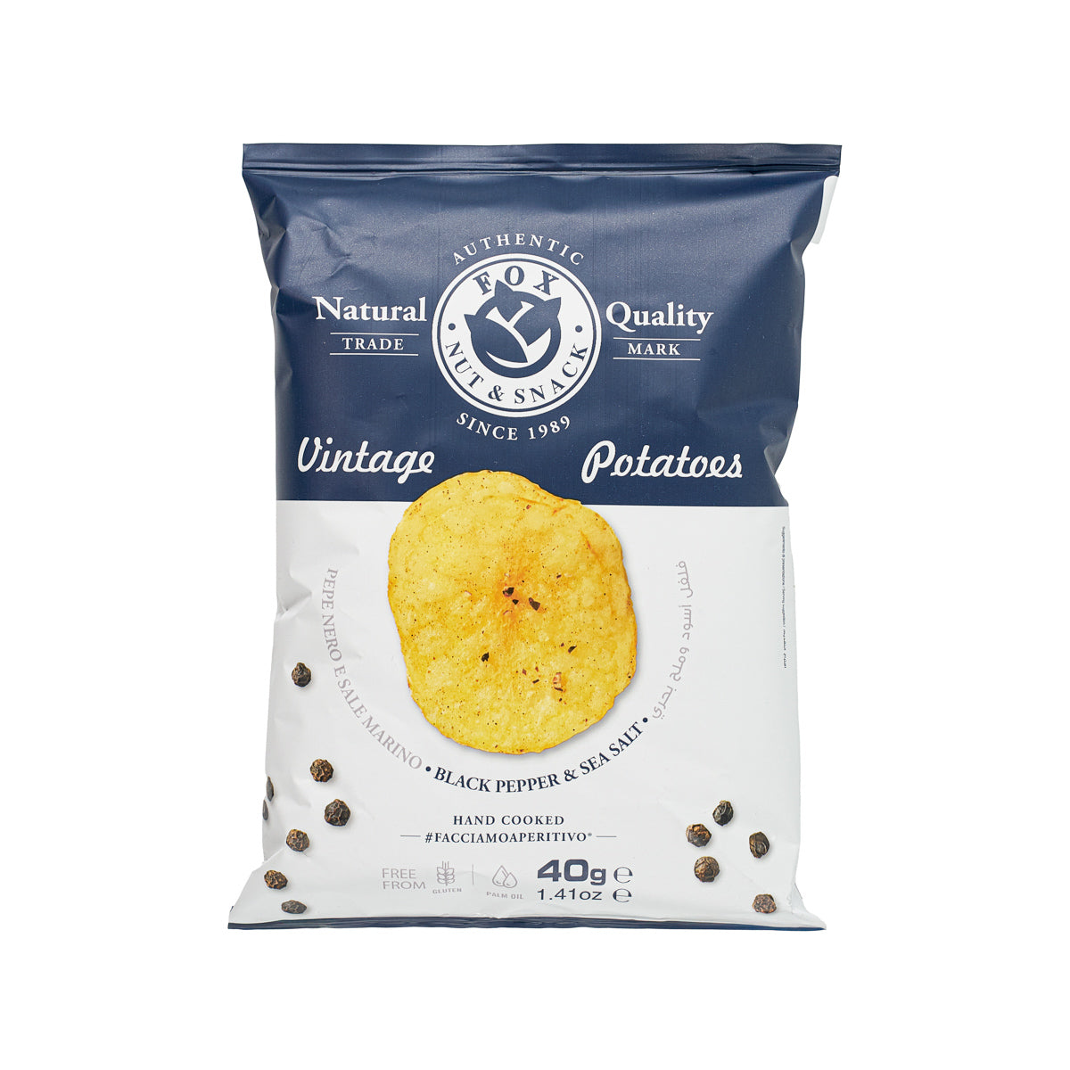 Hand-cooked potato chips bag with black pepper and sea salt, 40 g
