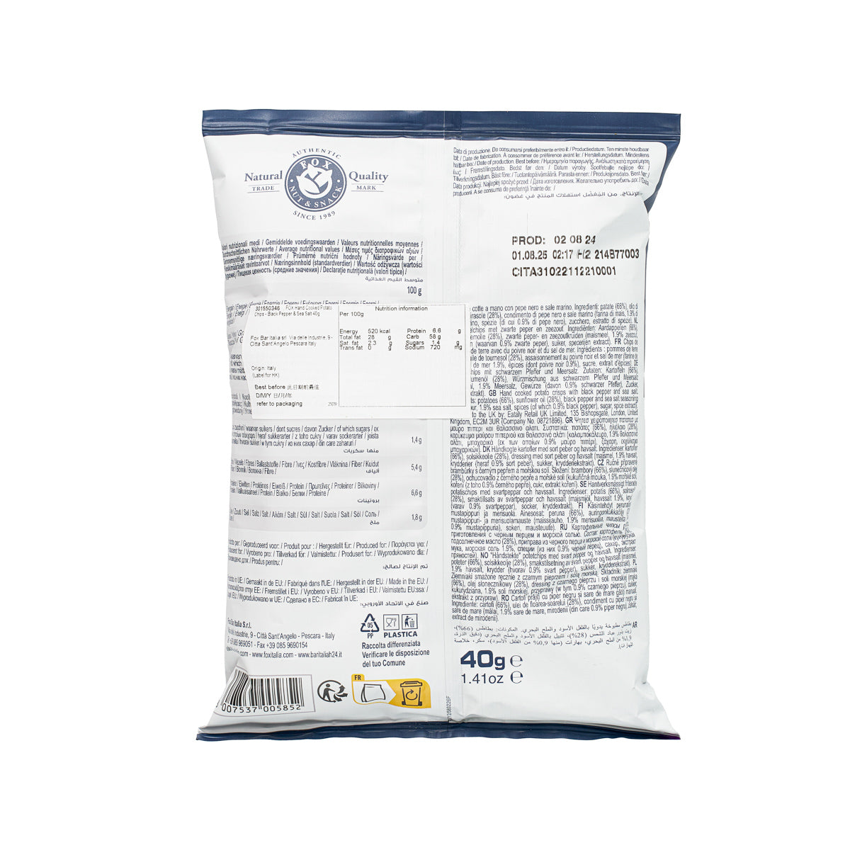 Back of hand-cooked potato chips bag, 40 g package with barcode label