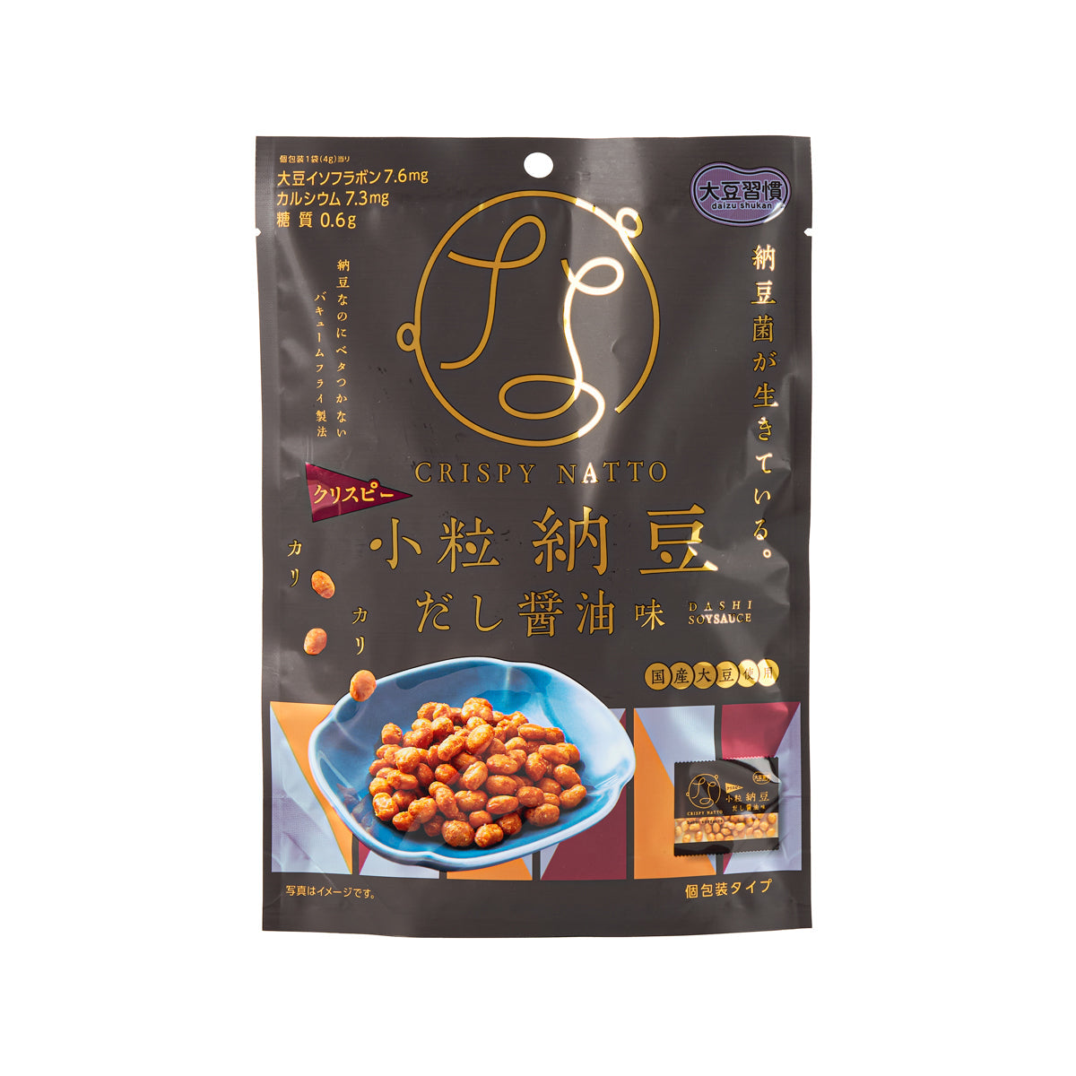 Crispy natto snack pouch with dashi soy sauce flavor, front view