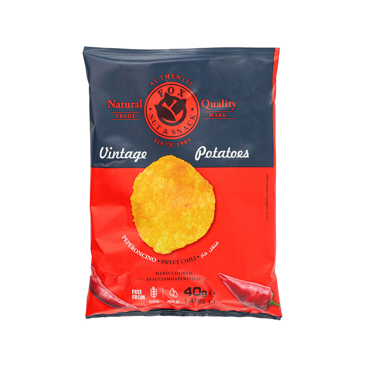 Sweet chili potato chips bag, 40g, with large chip image on front