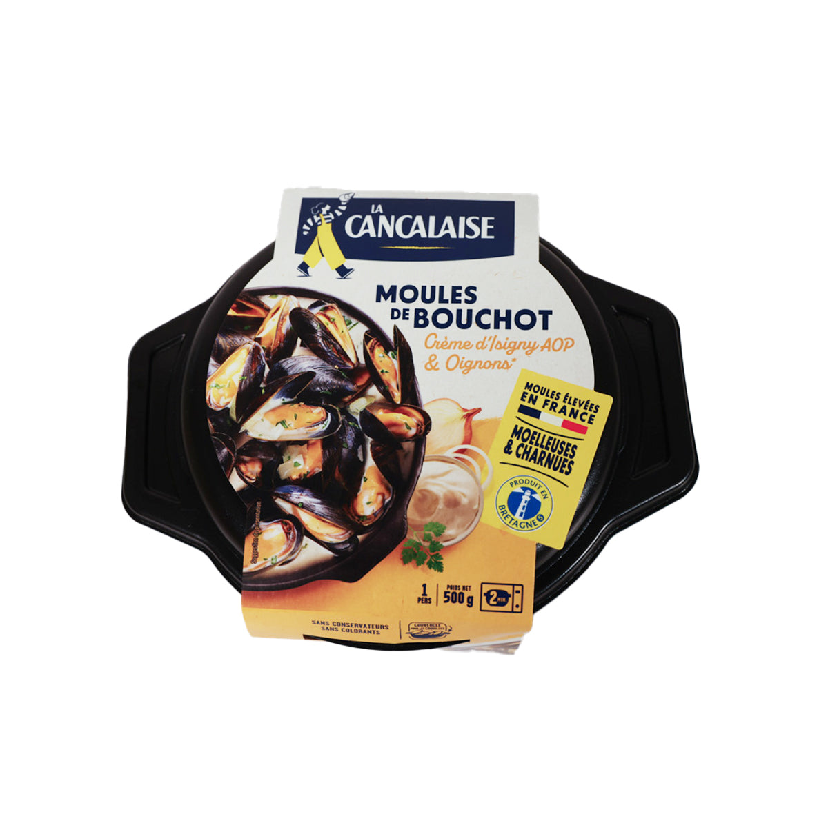 Cooked blue mussels meal in black tray with front label, 500g pack