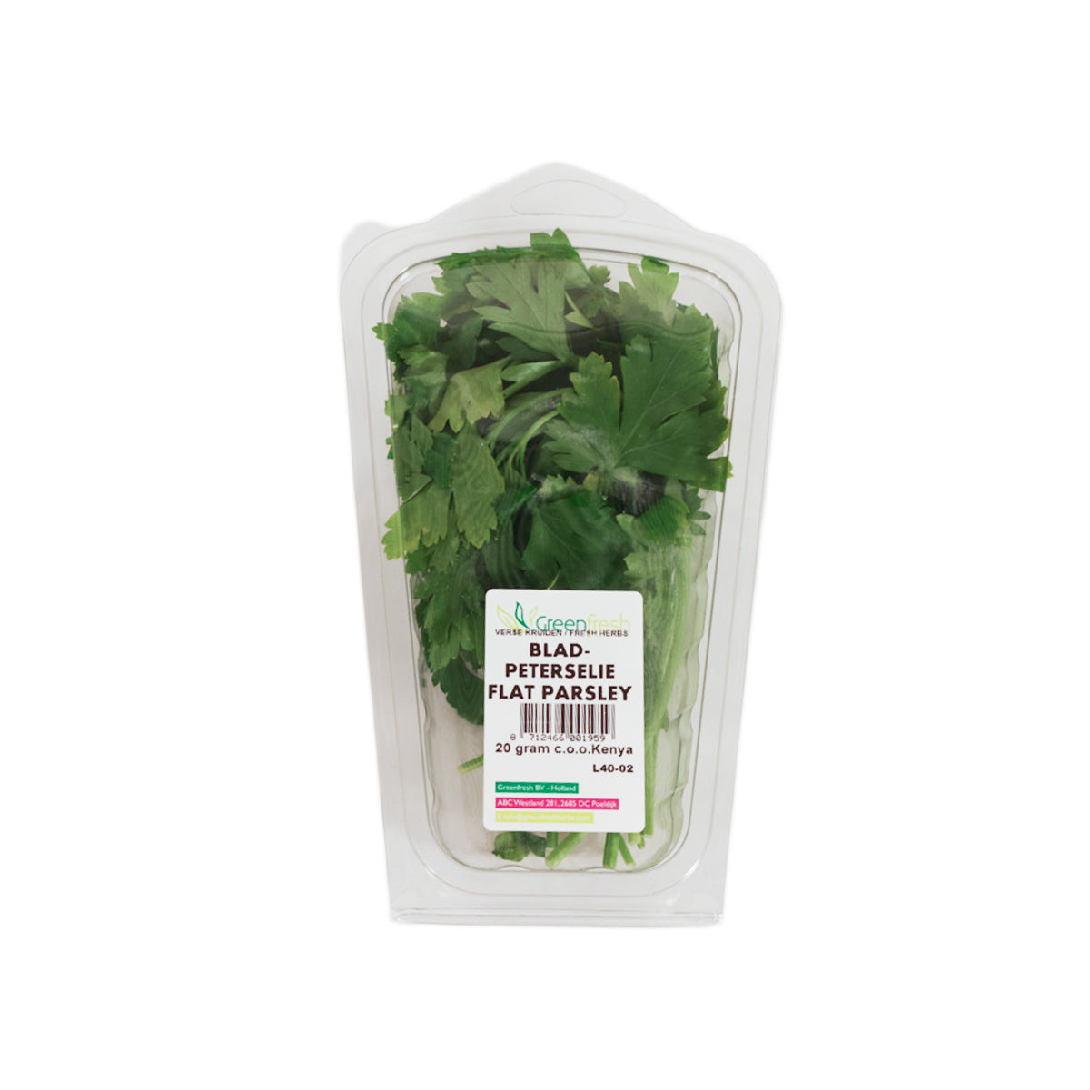 Packaged flat-leaf parsley in clear clamshell container with green leaves