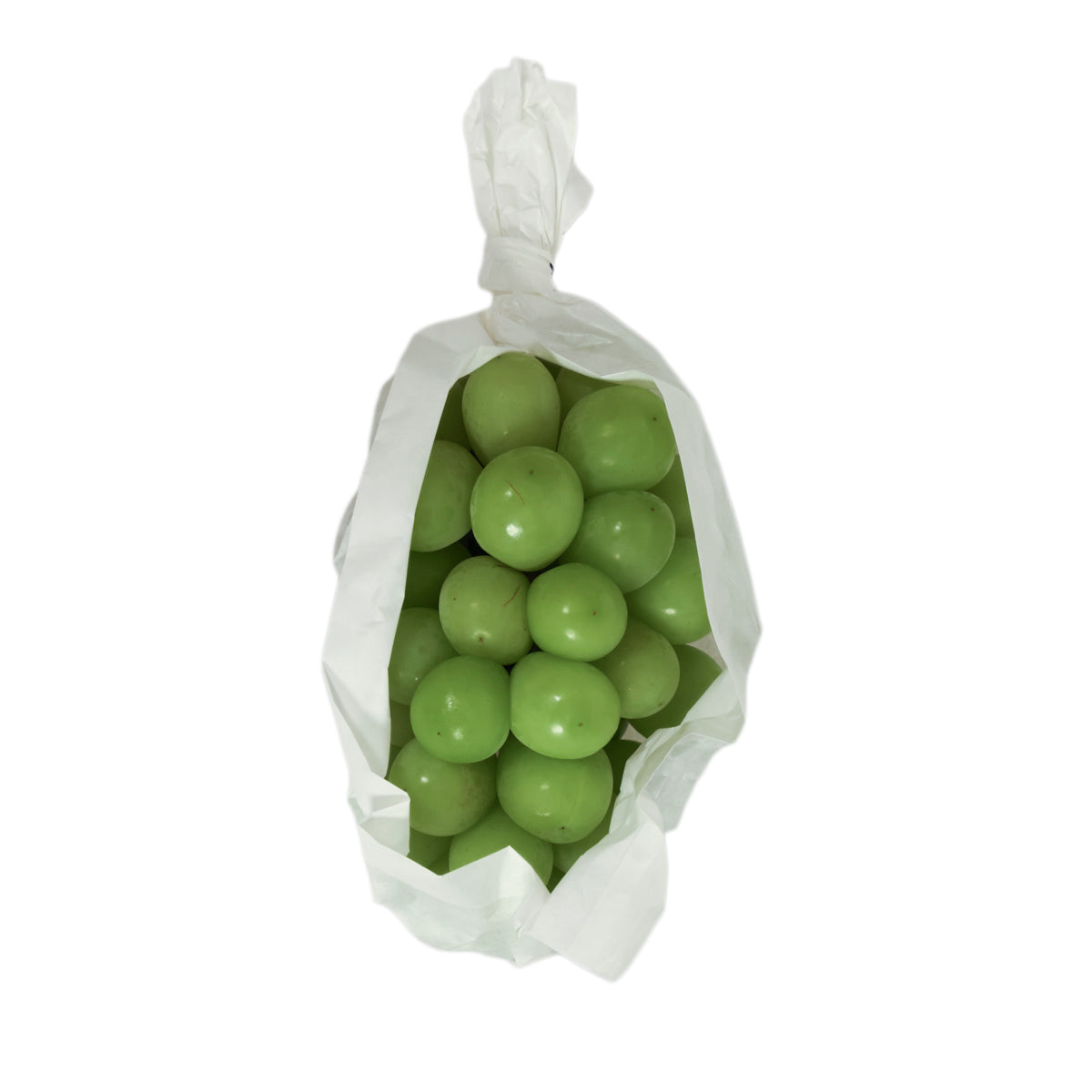 Bag of green muscat grapes in clear pouch with white wrapping