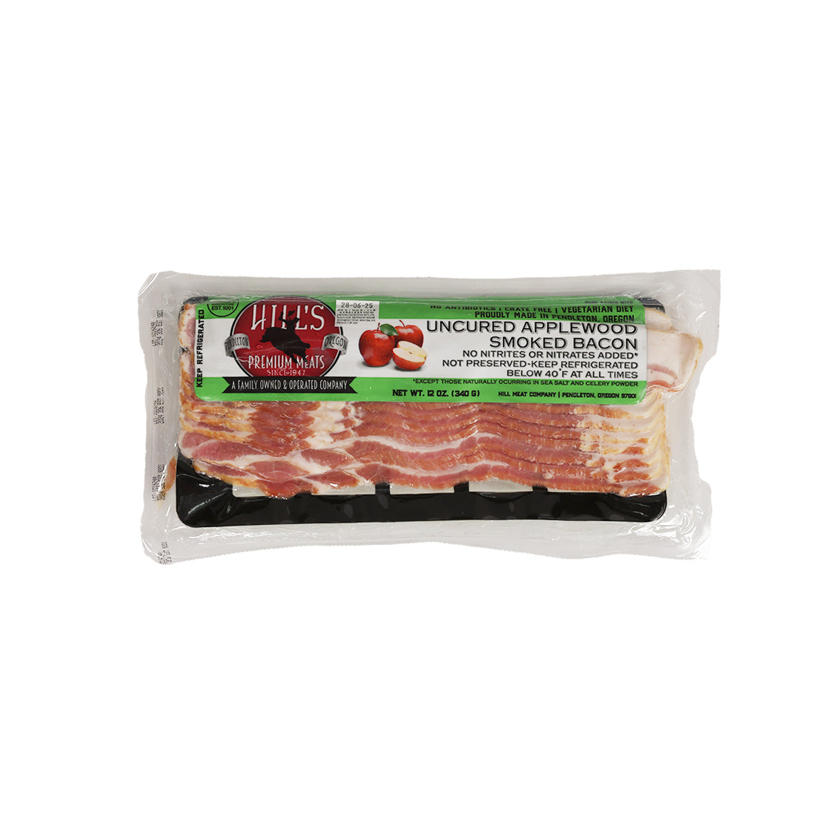 HILLSMEAT uncured applewood smoked bacon package with front label over strip-cut slices