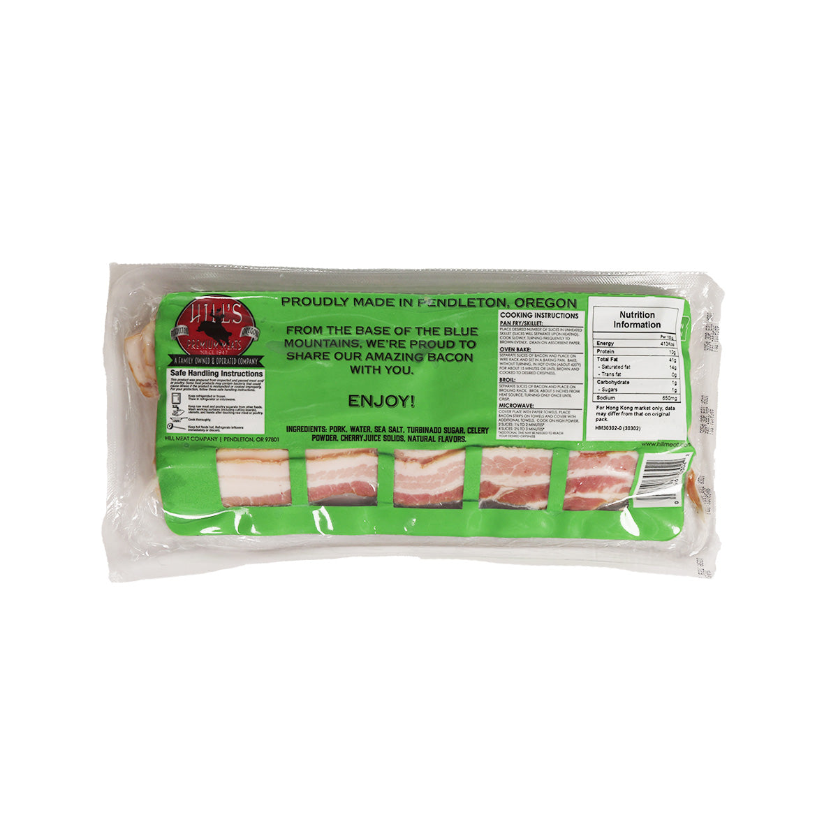 HILLSMEAT uncured applewood smoked bacon package back label with barcode area