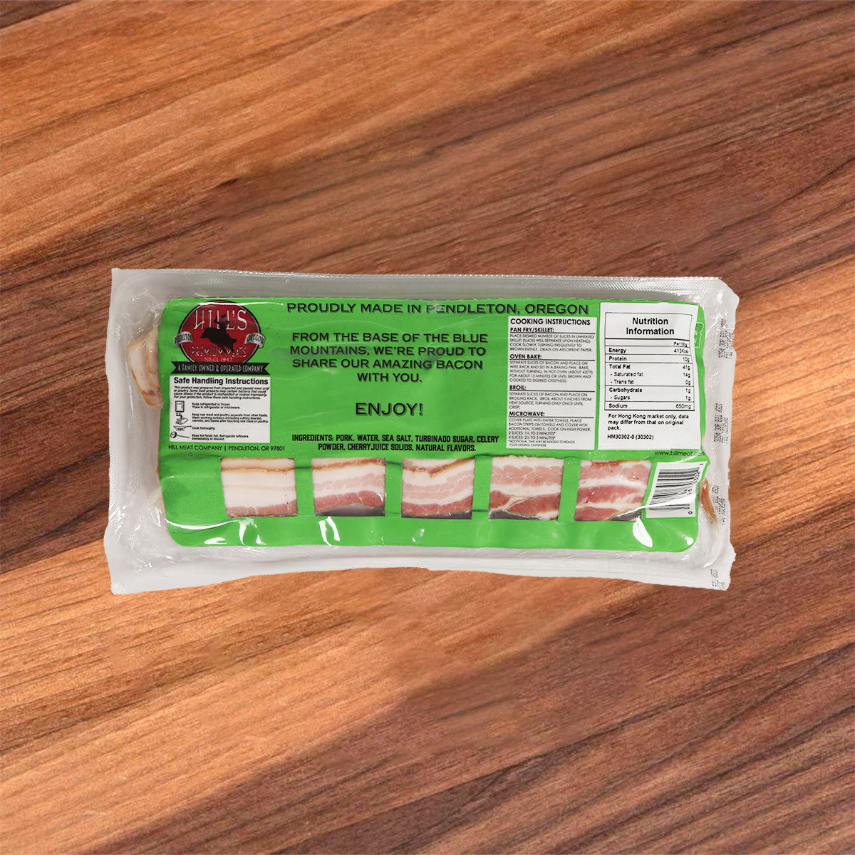 HILLSMEAT uncured applewood smoked bacon package back label with green information panel
