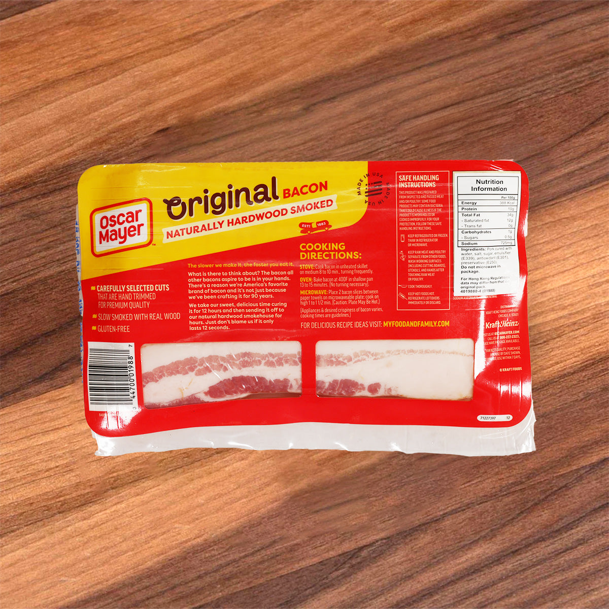 Oscar Mayer bacon package back with nutrition label and sliced bacon window
