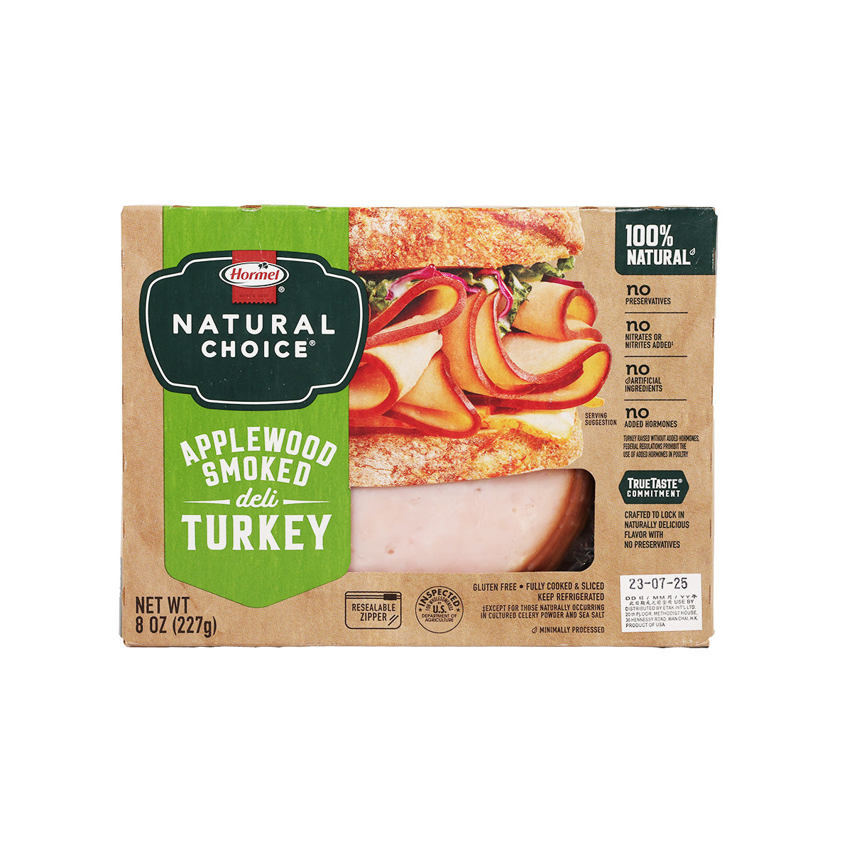 Applewood smoked turkey deli slices package, front label with turkey slice photo