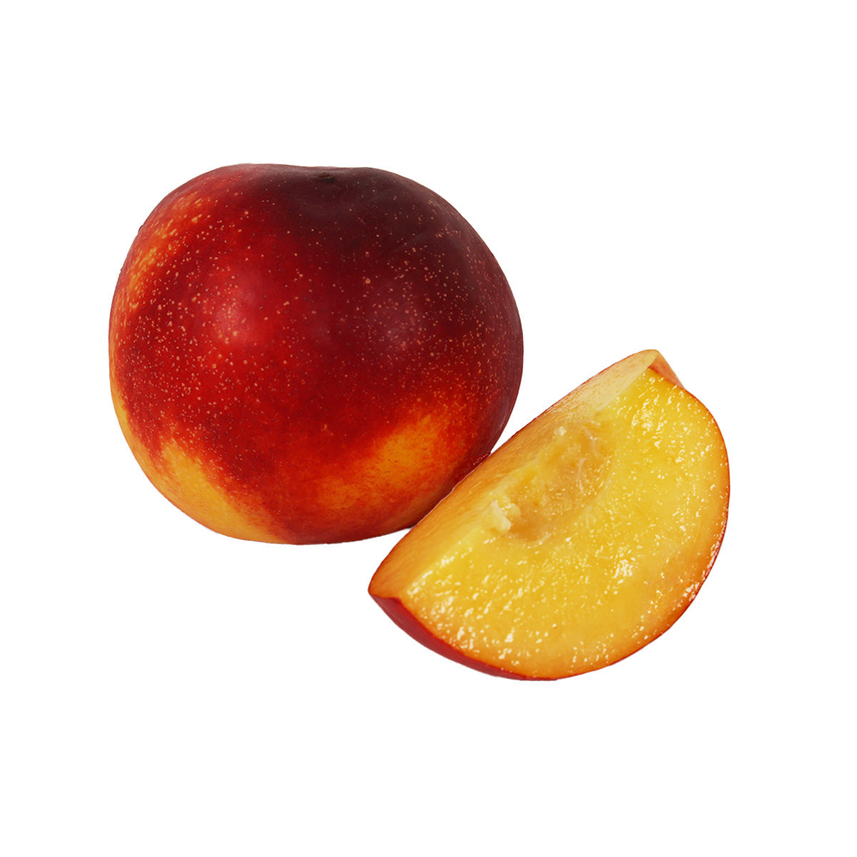Yellow-fleshed nectarine fruit, whole and sliced, red-orange skin
