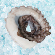 Pre-pack octopus leg, curled tentacles with dark gray and white flesh