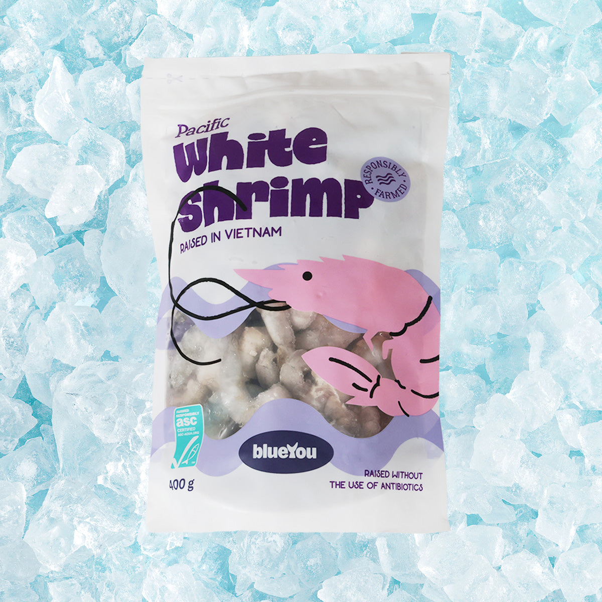 Frozen Pacific white shrimp pouch, tail off, 51/60, 400 g
