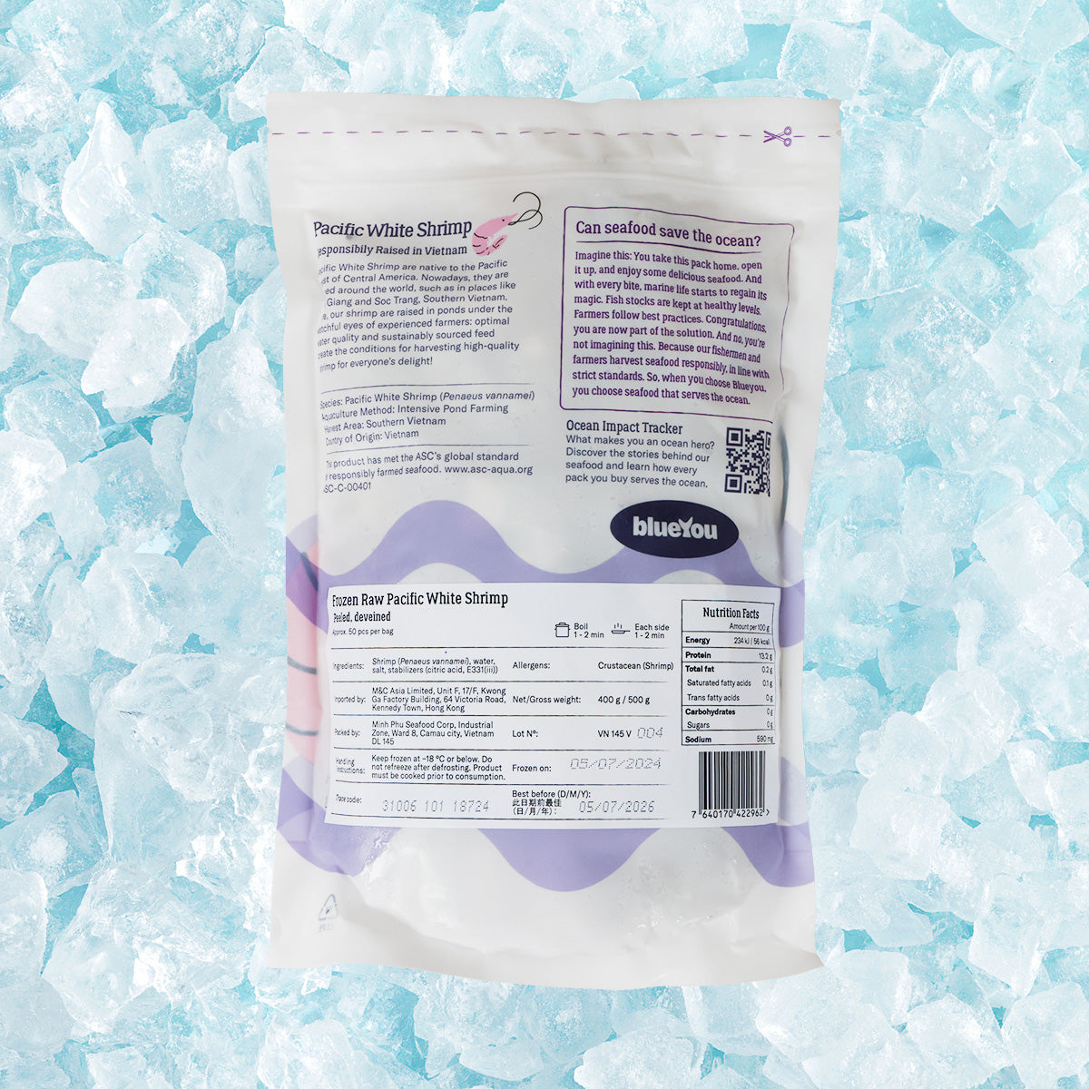 Frozen Pacific white shrimp pouch back label with ASC mark and product details, 400 g