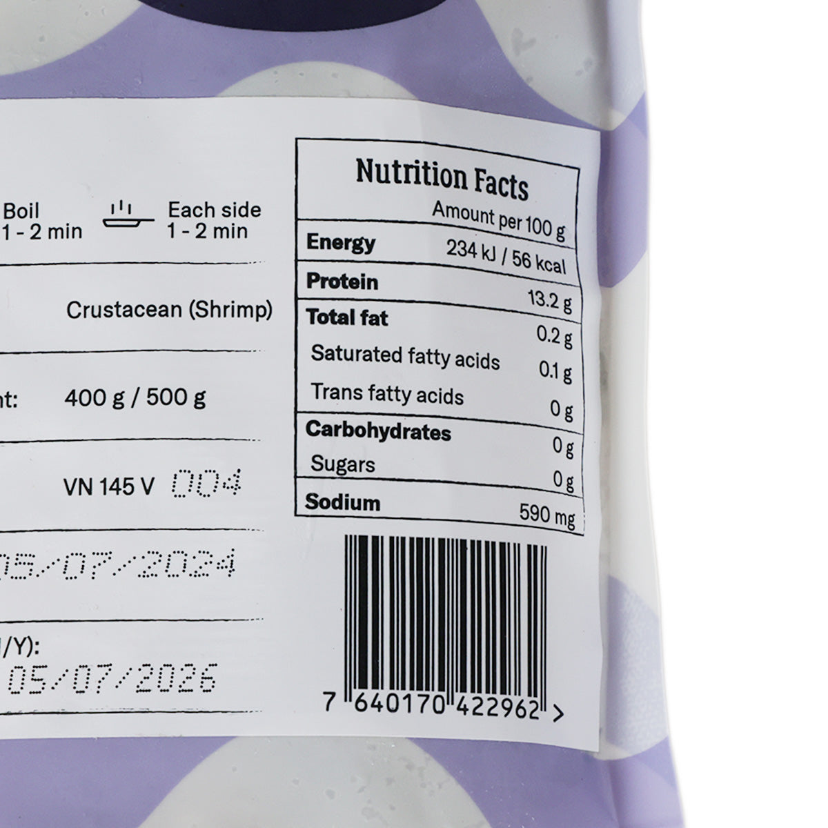 Nutrition Facts panel for shrimp on pouch: 234 kJ/56 kcal, protein 13.6 g