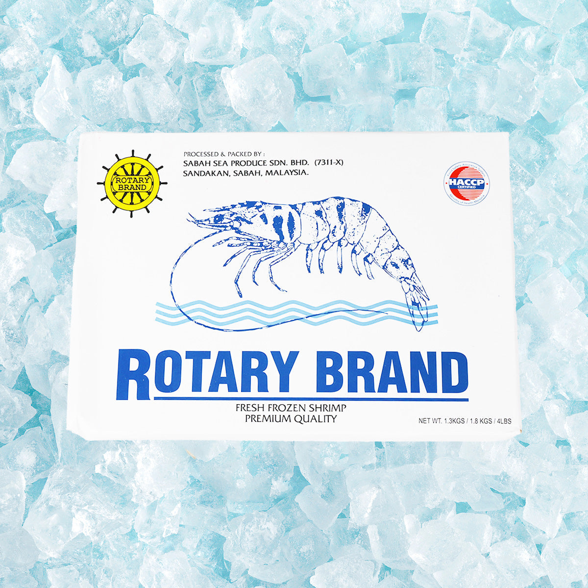 Frozen tiger prawns pack, Rotary Brand front with tiger shrimp illustration