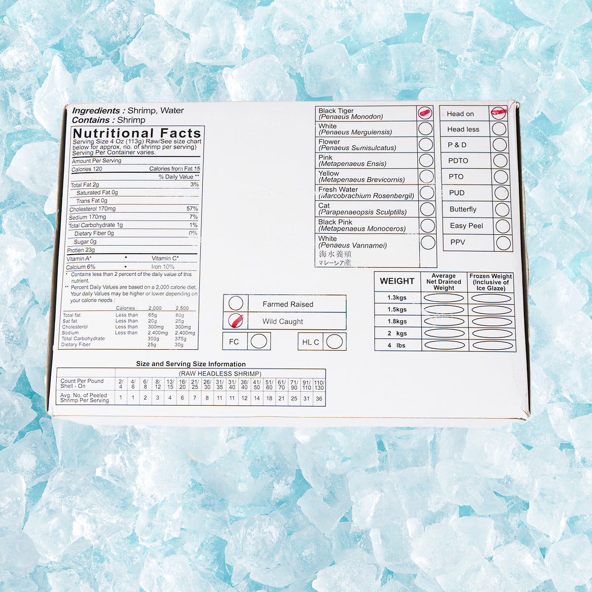 Frozen tiger prawns package back with nutritional facts and weight information