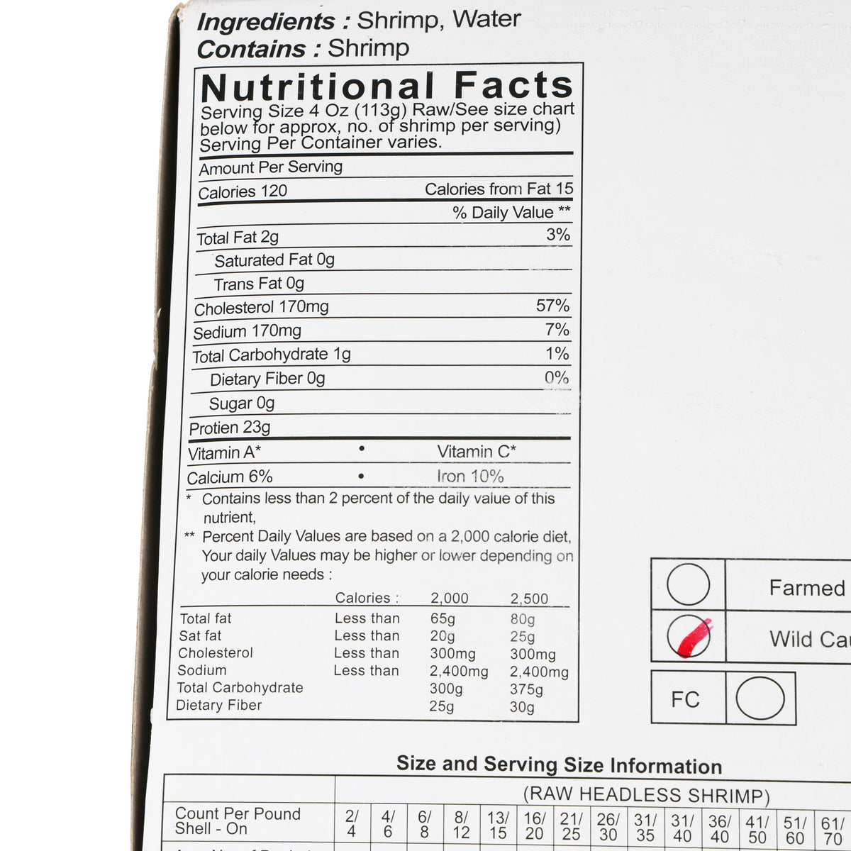 Frozen tiger prawns package label close-up of nutritional facts table