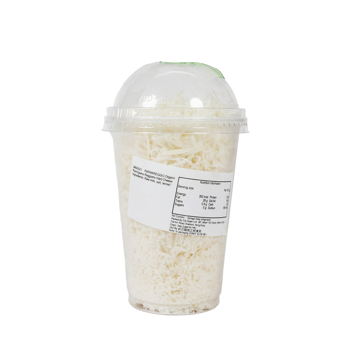 PARMAREGGIO shredded organic hard cheese cup with back nutrition label