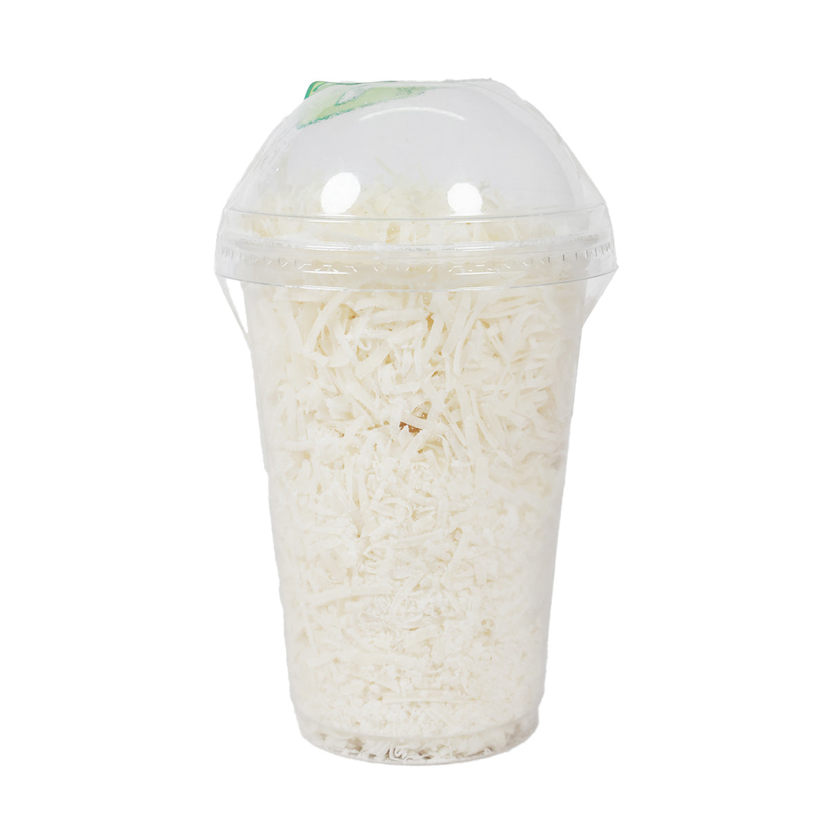 PARMAREGGIO shredded organic hard cheese in clear plastic cup with lid