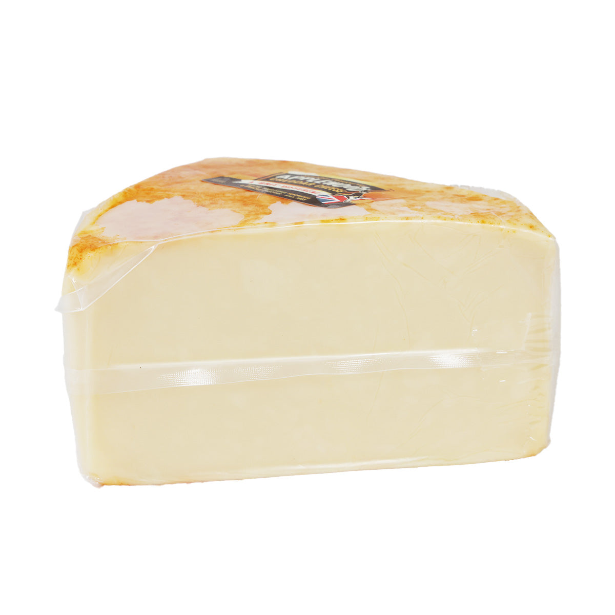 Smoke-flavored cheddar cheese block, pale yellow with wrap and label