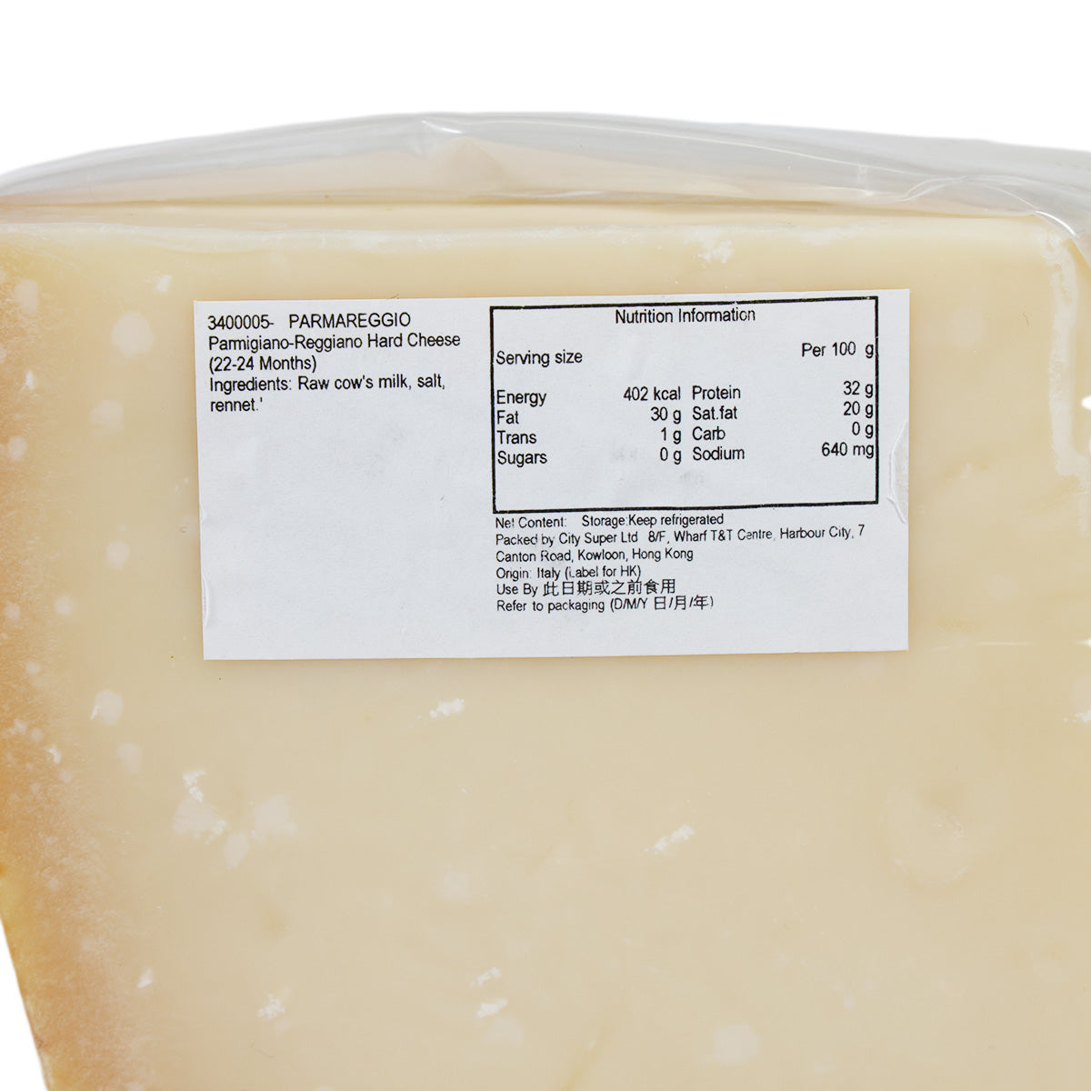 Hard cheese wedge with nutrition label on clear plastic wrap