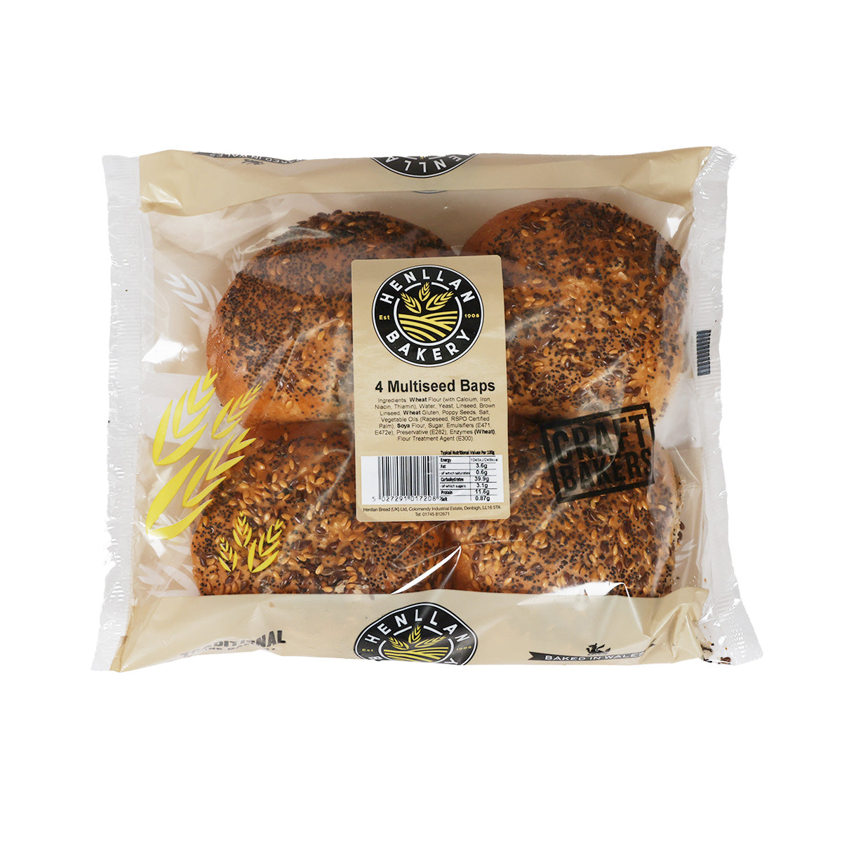HENLLAN 4 multiseed baps in sealed bakery bag, seed-speckled rolls