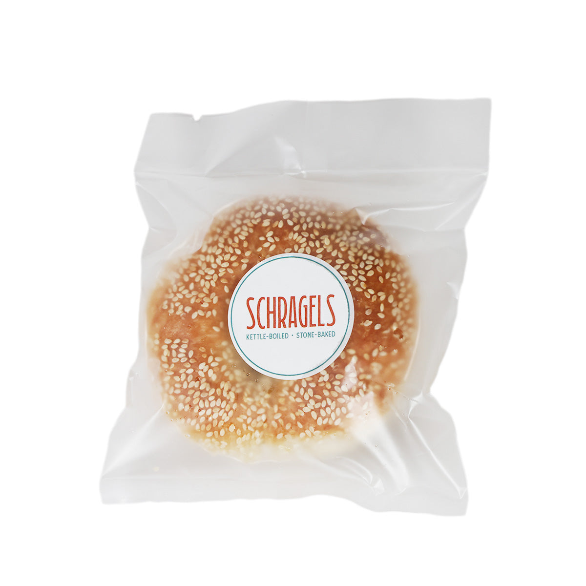 SCHRAGELS sesame bagel in clear white packaging with sesame-coated ring